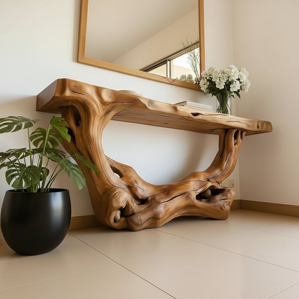 Solid Wood Sculptural Root Console Table Organic Live-Edge for Entryway