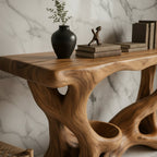 Solid Wood Sculptural Console Table with Organic Swirl Base for Living Room