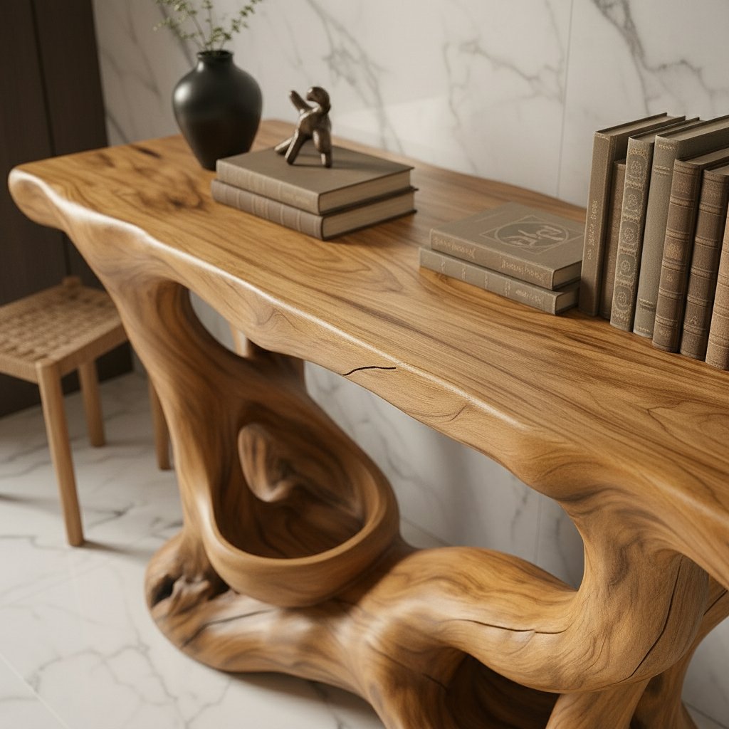 Solid Wood Sculptural Console Table with Organic Swirl Base for Living Room