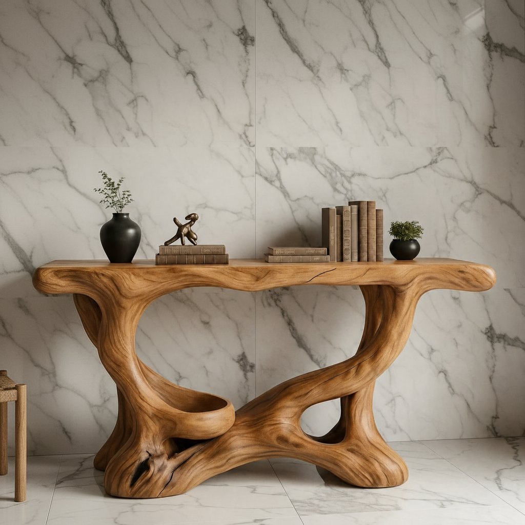 Solid Wood Sculptural Console Table with Organic Swirl Base for Living Room