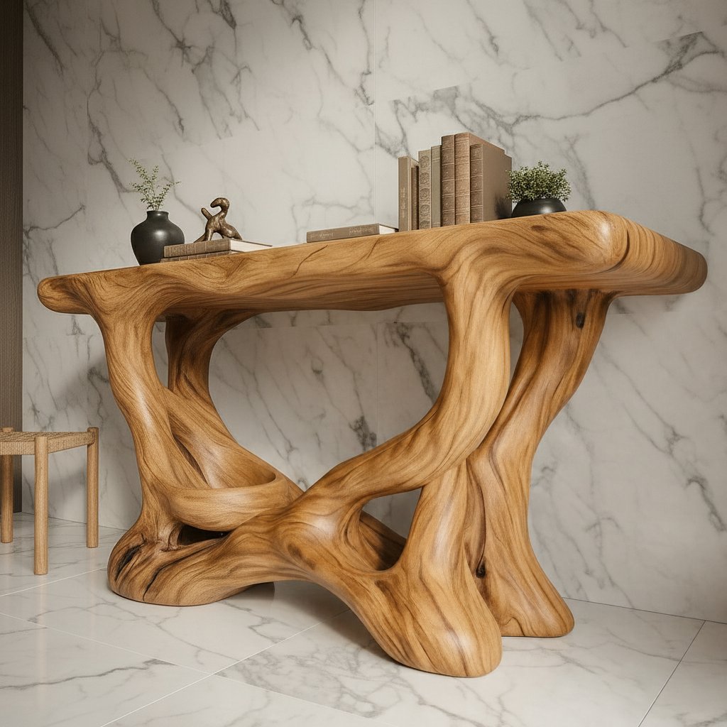 Solid Wood Sculptural Console Table with Organic Swirl Base for Living Room