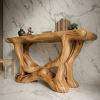 Solid Wood Sculptural Console Table with Organic Swirl Base for Living Room