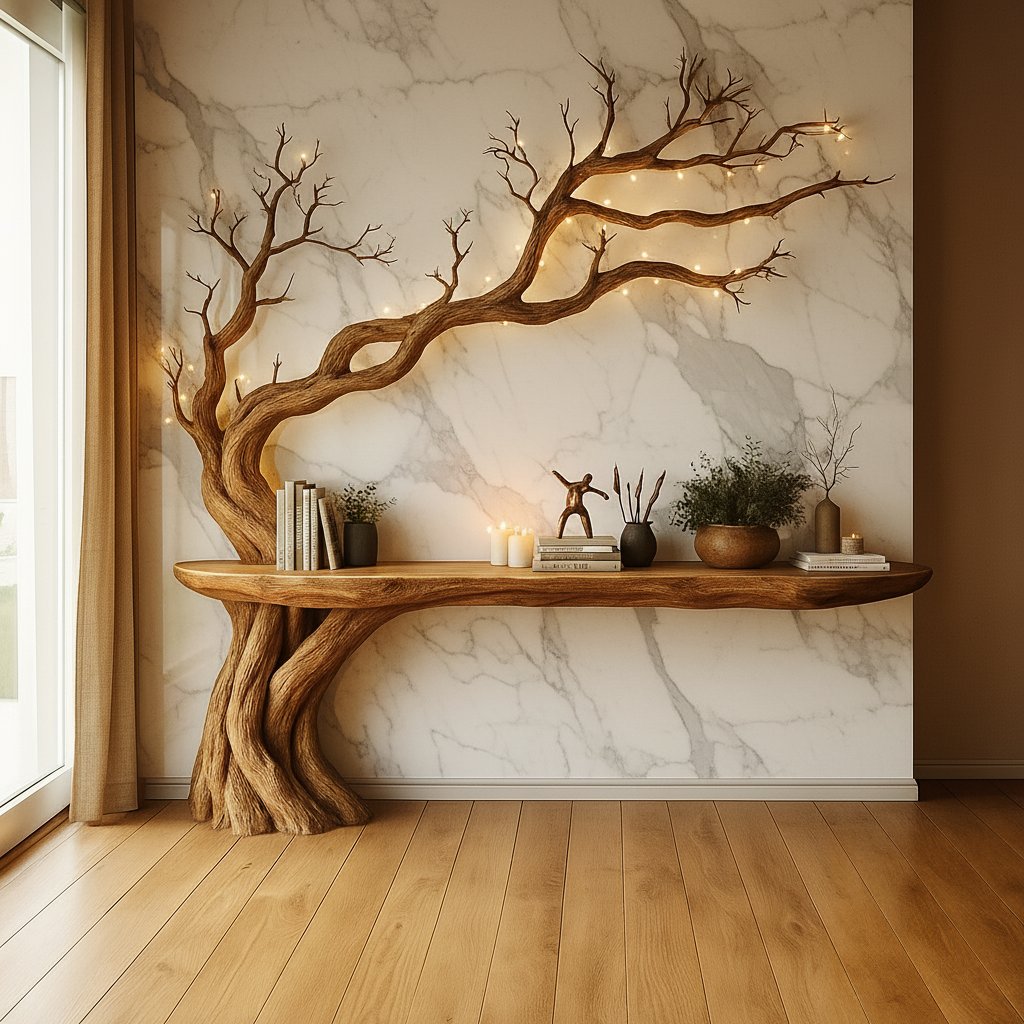 Solid Wood Live-Edge Console Table with Tree-Branch Legs for Entryway