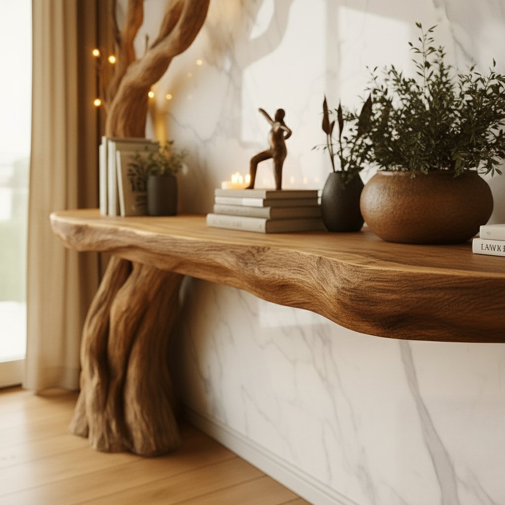 Solid Wood Live-Edge Console Table with Tree-Branch Legs for Entryway