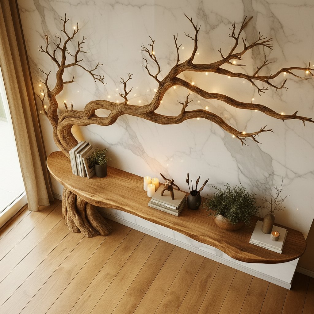 Solid Wood Live-Edge Console Table with Tree-Branch Legs for Entryway