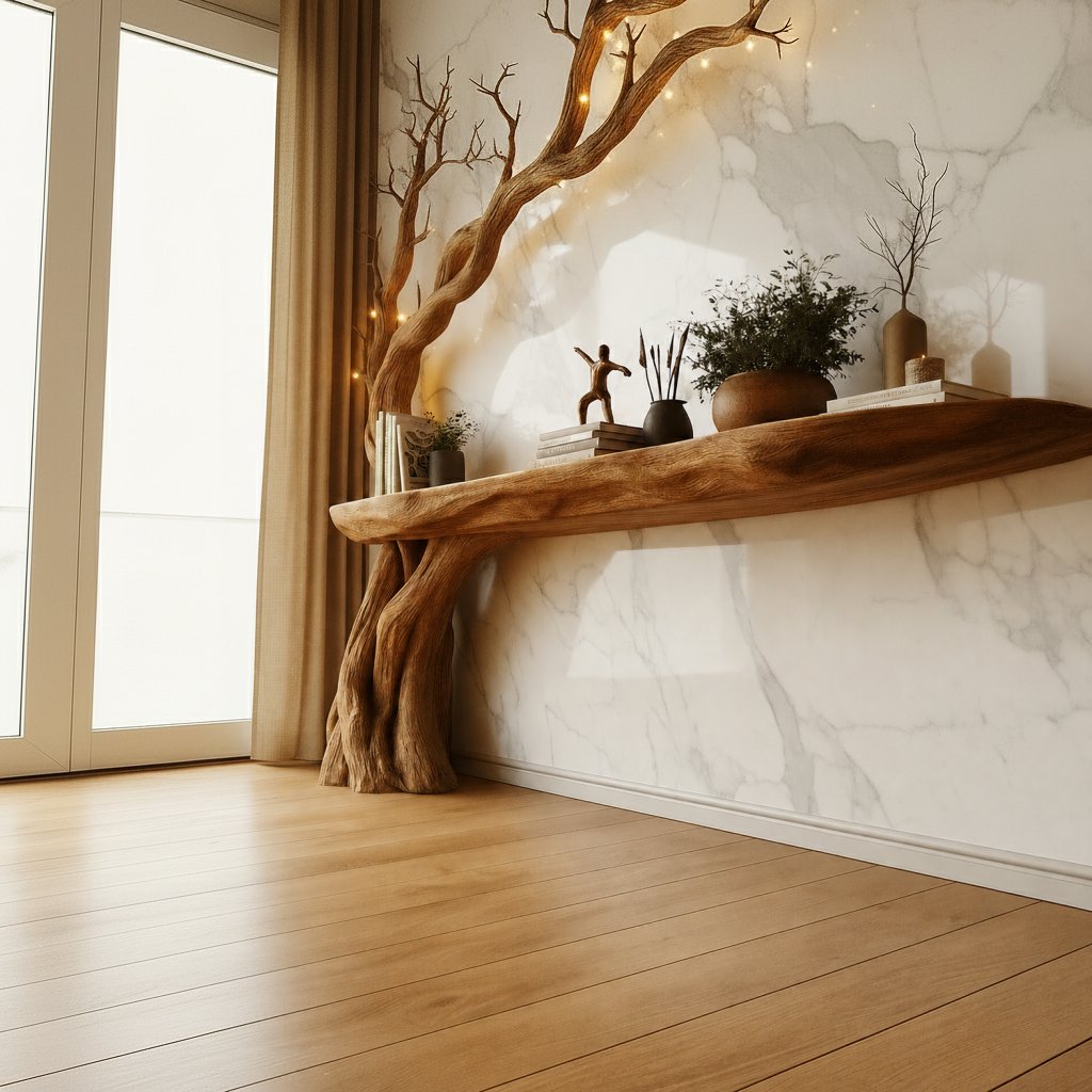 Solid Wood Live-Edge Console Table with Tree-Branch Legs for Entryway