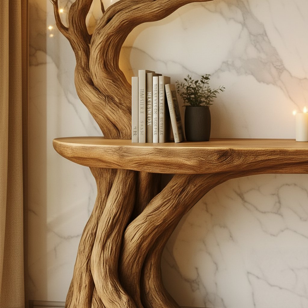 Solid Wood Live-Edge Console Table with Tree-Branch Legs for Entryway