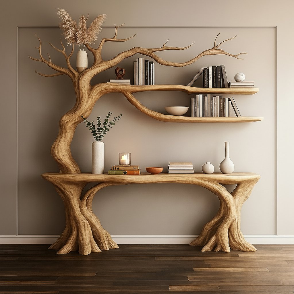 Solid Wood Tree-Branch Bookshelf Console with Organic Root Detail for Living Room