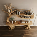 Solid Wood Tree-Branch Bookshelf Console with Organic Root Detail for Living Room