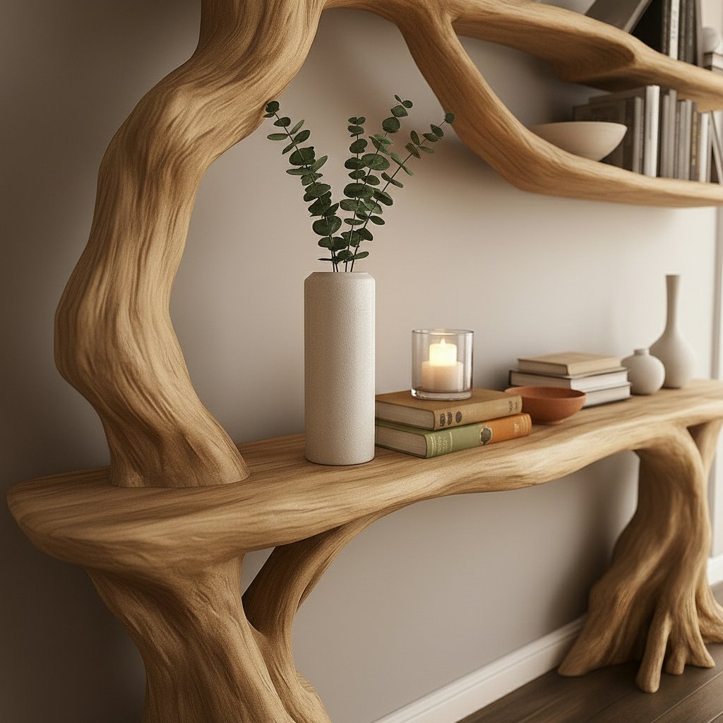 Solid Wood Tree-Branch Bookshelf Console with Organic Root Detail for Living Room