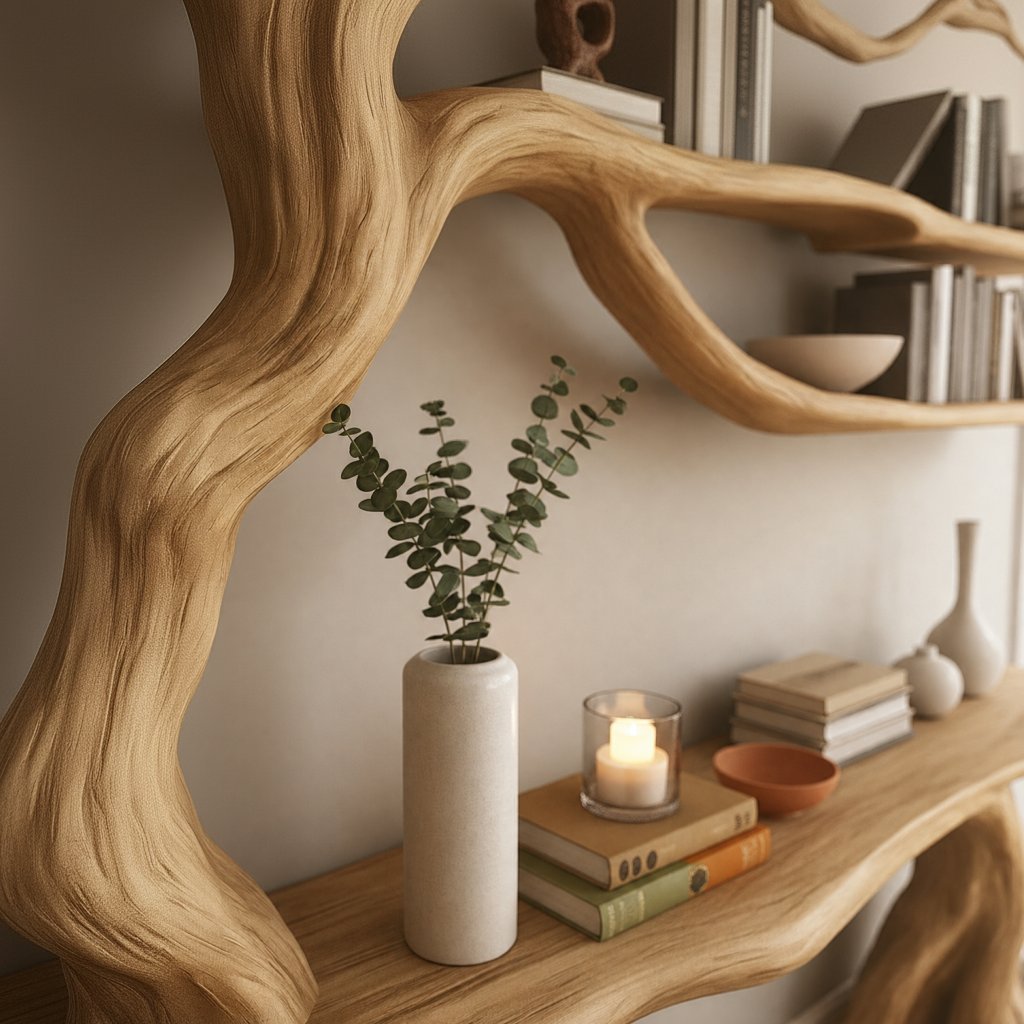 Solid Wood Tree-Branch Bookshelf Console with Organic Root Detail for Living Room