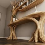 Solid Wood Tree-Branch Bookshelf Console with Organic Root Detail for Living Room