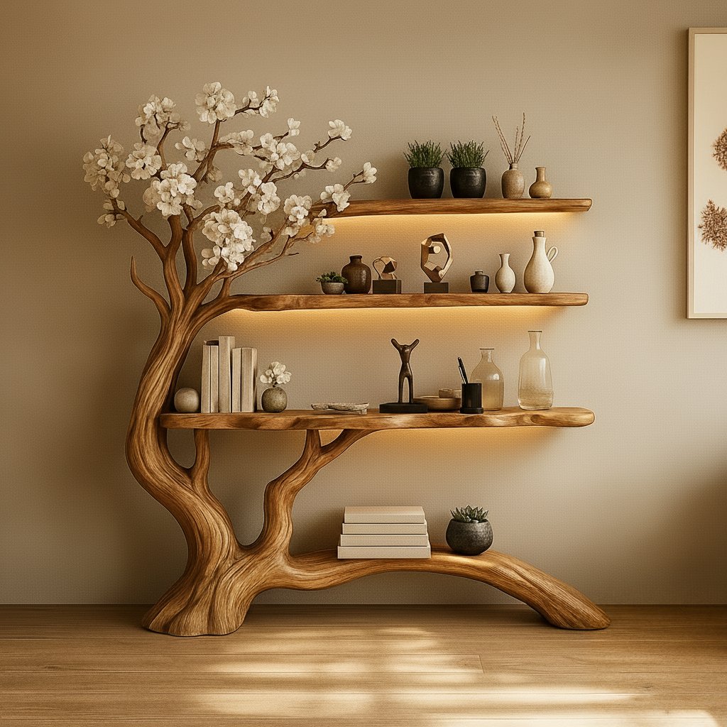 Solid Wood Sculptural Tree Bookshelf with Branch Shelves for Living Room