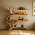 Solid Wood Sculptural Tree Bookshelf with Branch Shelves for Living Room
