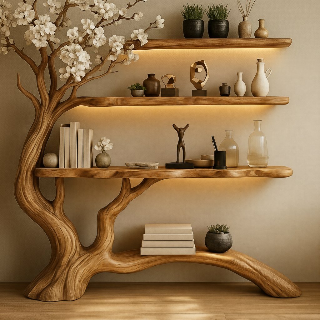 Solid Wood Sculptural Tree Bookshelf with Branch Shelves for Living Room