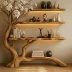 Solid Wood Sculptural Tree Bookshelf with Branch Shelves for Living Room