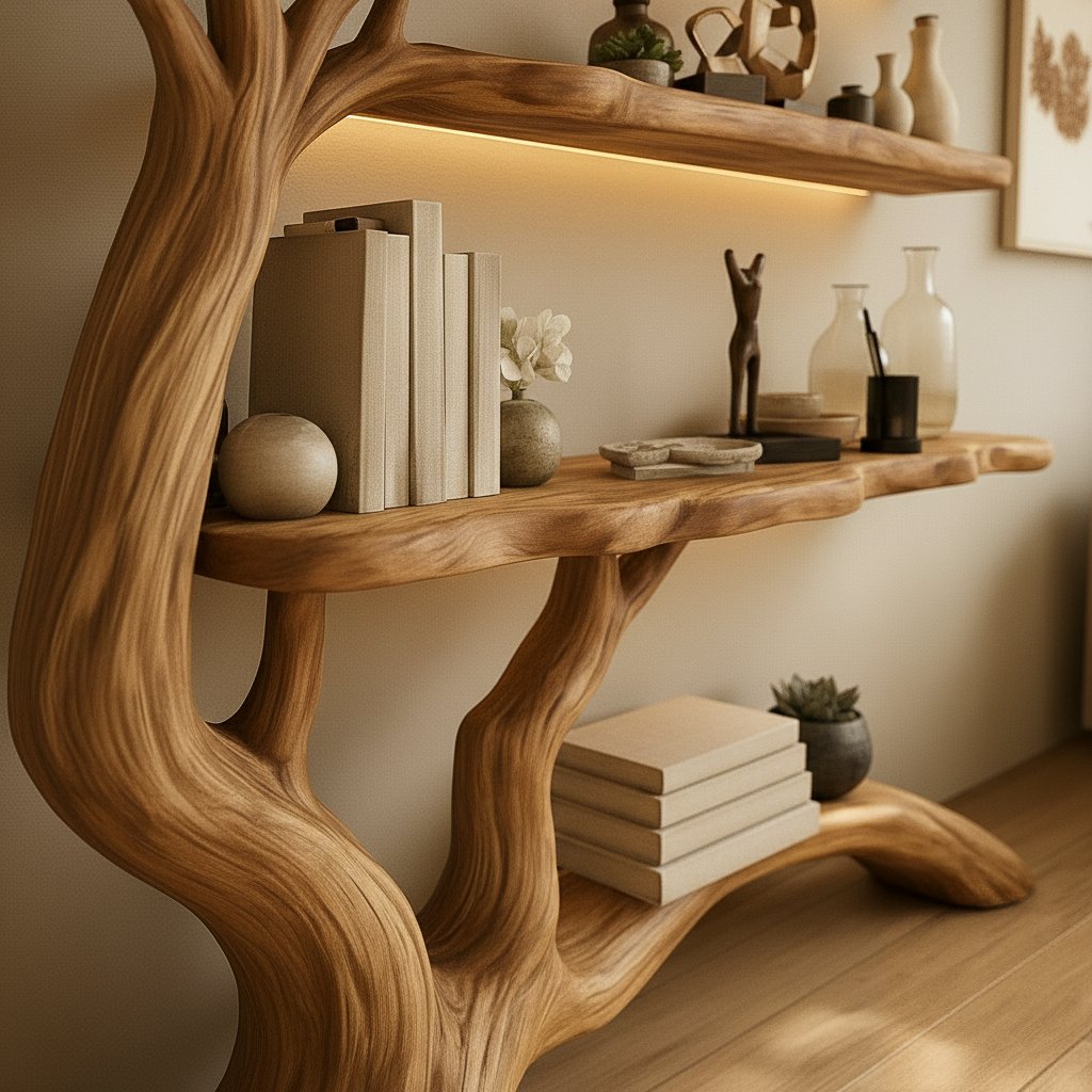 Solid Wood Sculptural Tree Bookshelf with Branch Shelves for Living Room