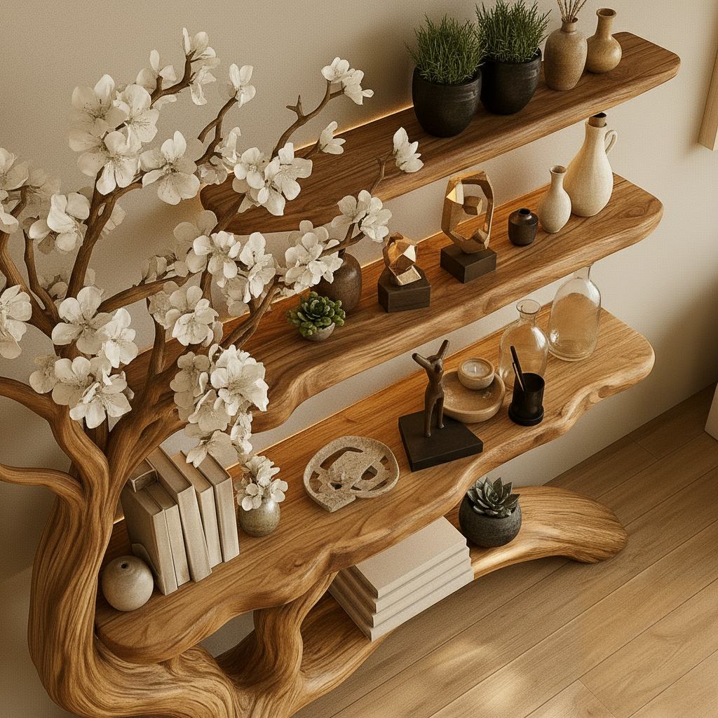 Solid Wood Sculptural Tree Bookshelf with Branch Shelves for Living Room