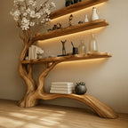 Solid Wood Sculptural Tree Bookshelf with Branch Shelves for Living Room