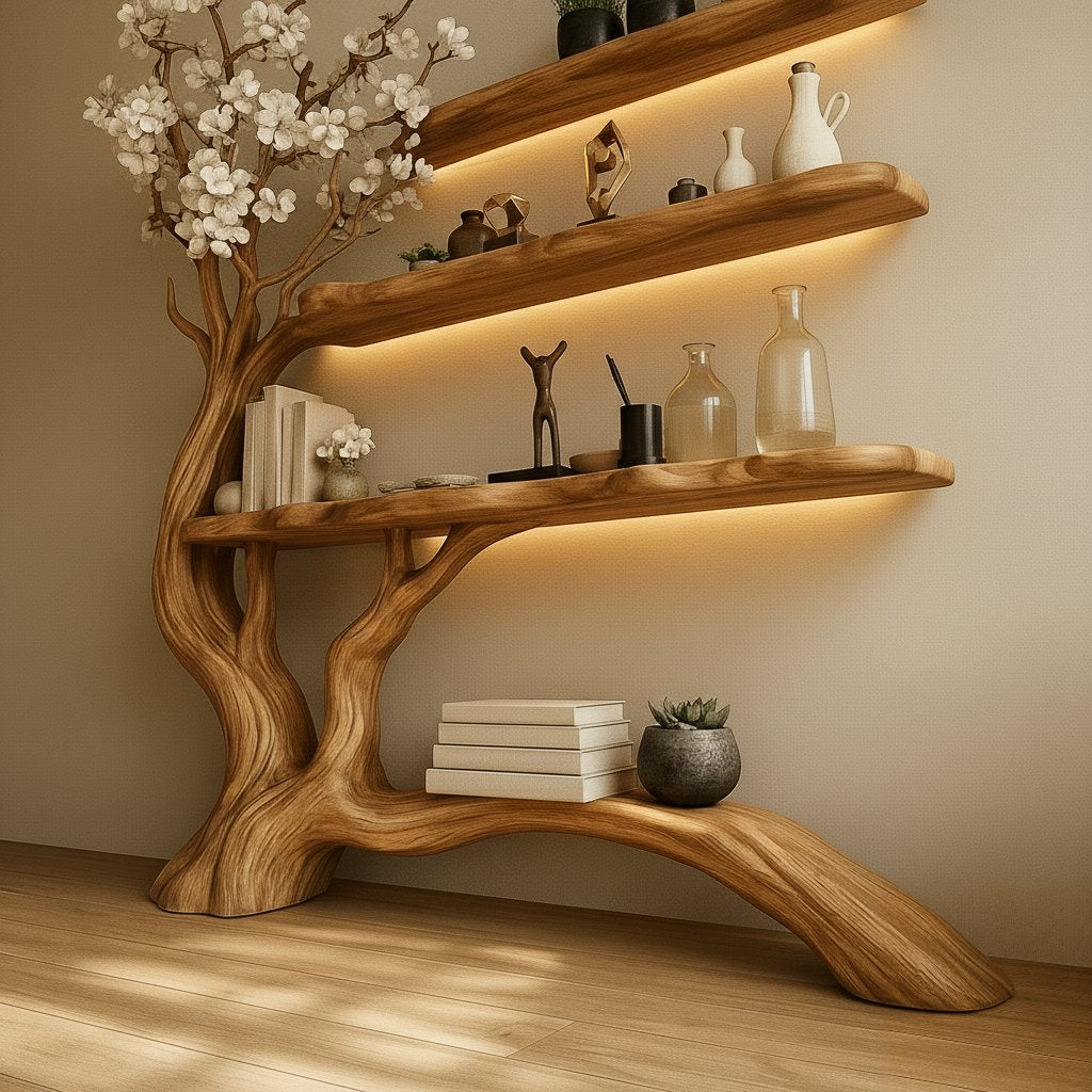 Solid Wood Sculptural Tree Bookshelf with Branch Shelves for Living Room