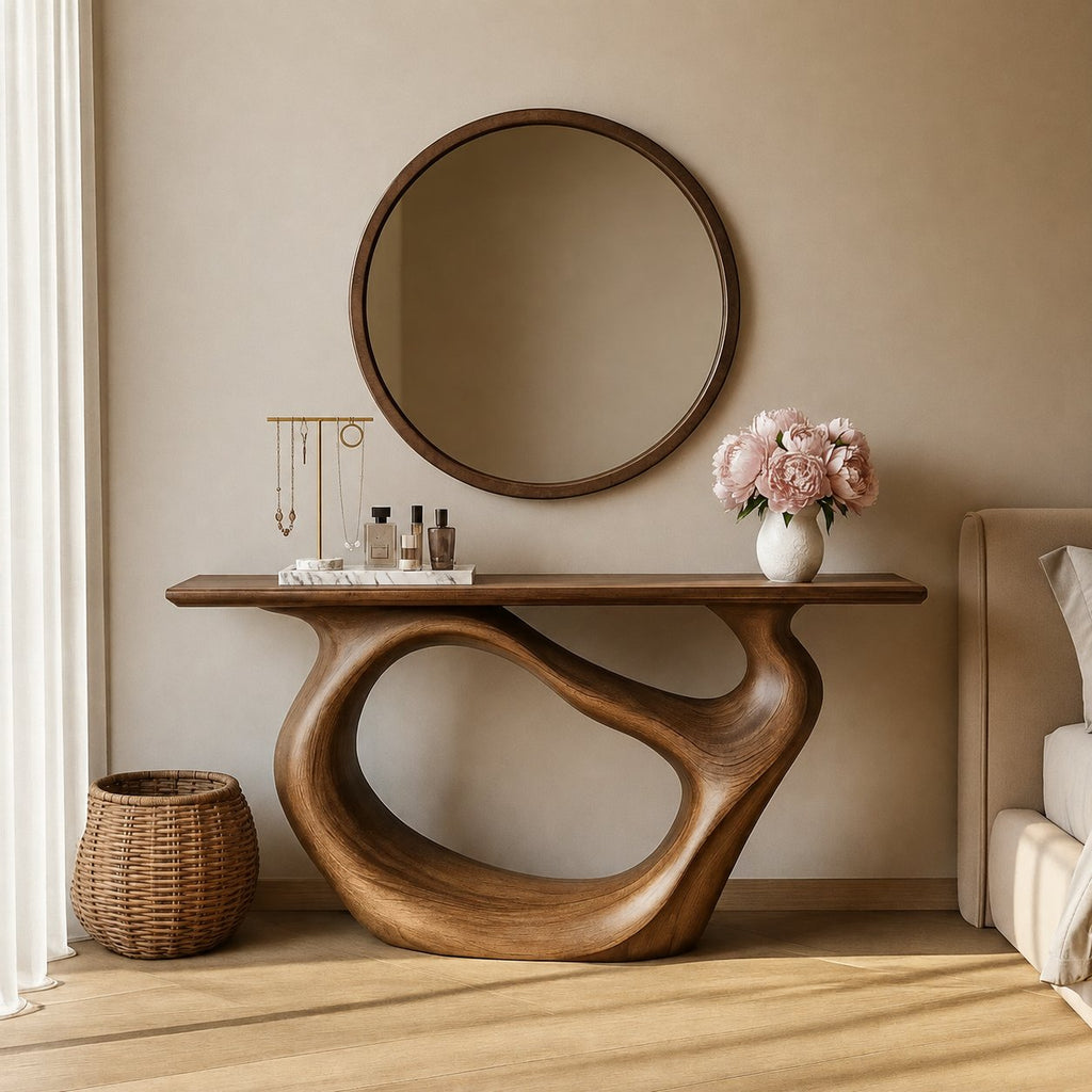 Solid Wood Sculptural Console Table with Curved Open Base for Entryway