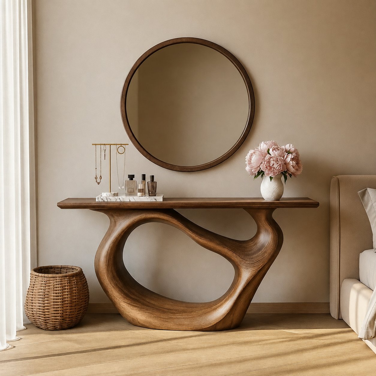 Solid Wood Sculptural Console Table with Curved Open Base for Entryway