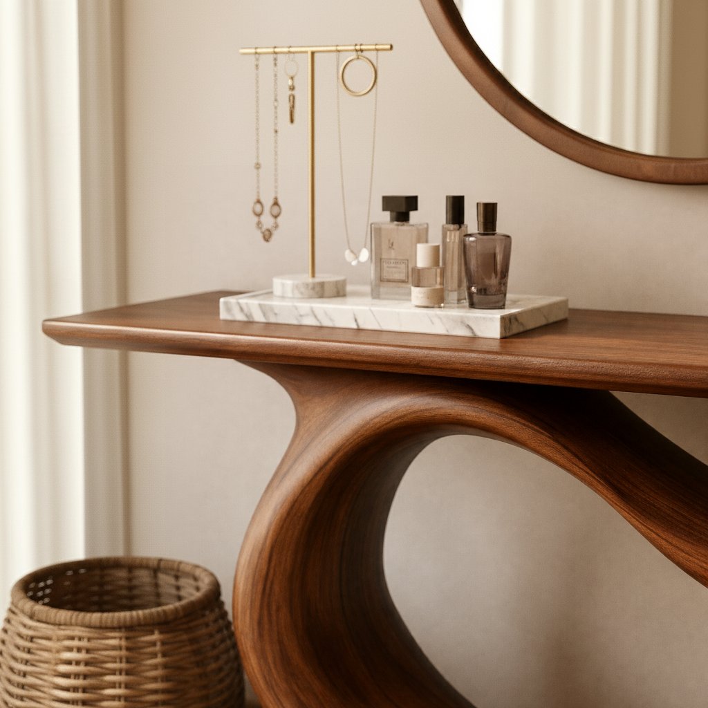 Solid Wood Sculptural Console Table with Curved Open Base for Entryway
