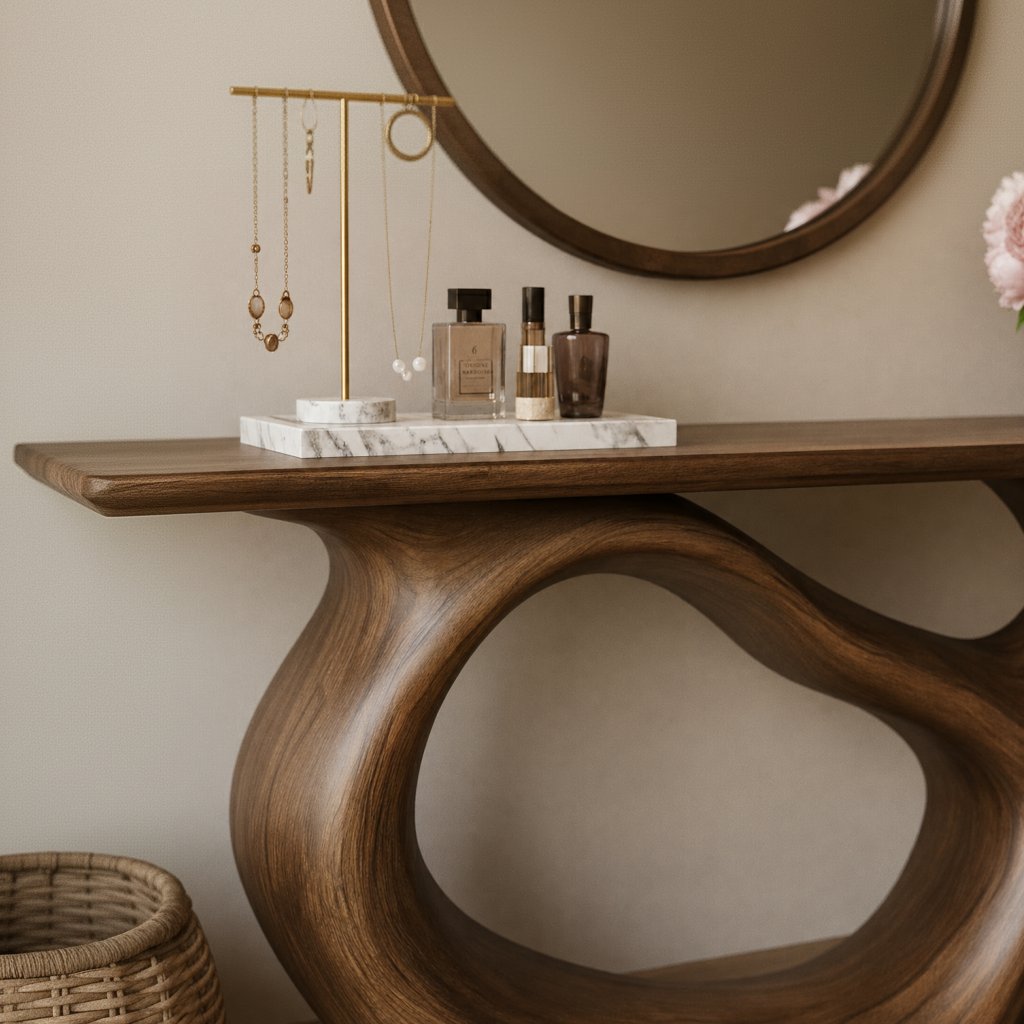 Solid Wood Sculptural Console Table with Curved Open Base for Entryway