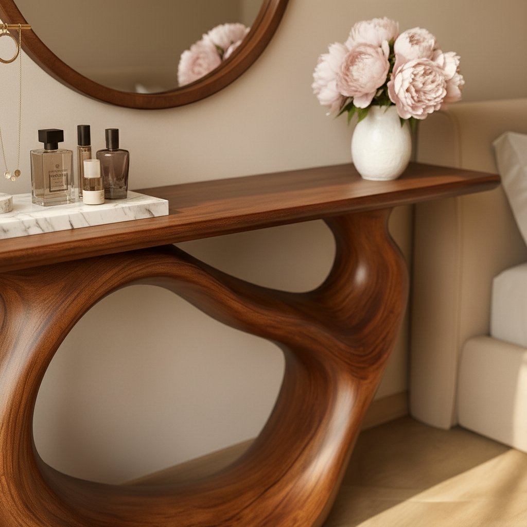 Solid Wood Sculptural Console Table with Curved Open Base for Entryway
