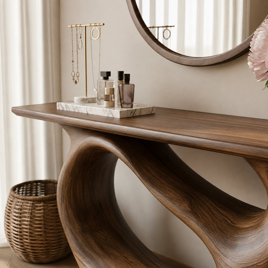 Solid Wood Sculptural Console Table with Curved Open Base for Entryway
