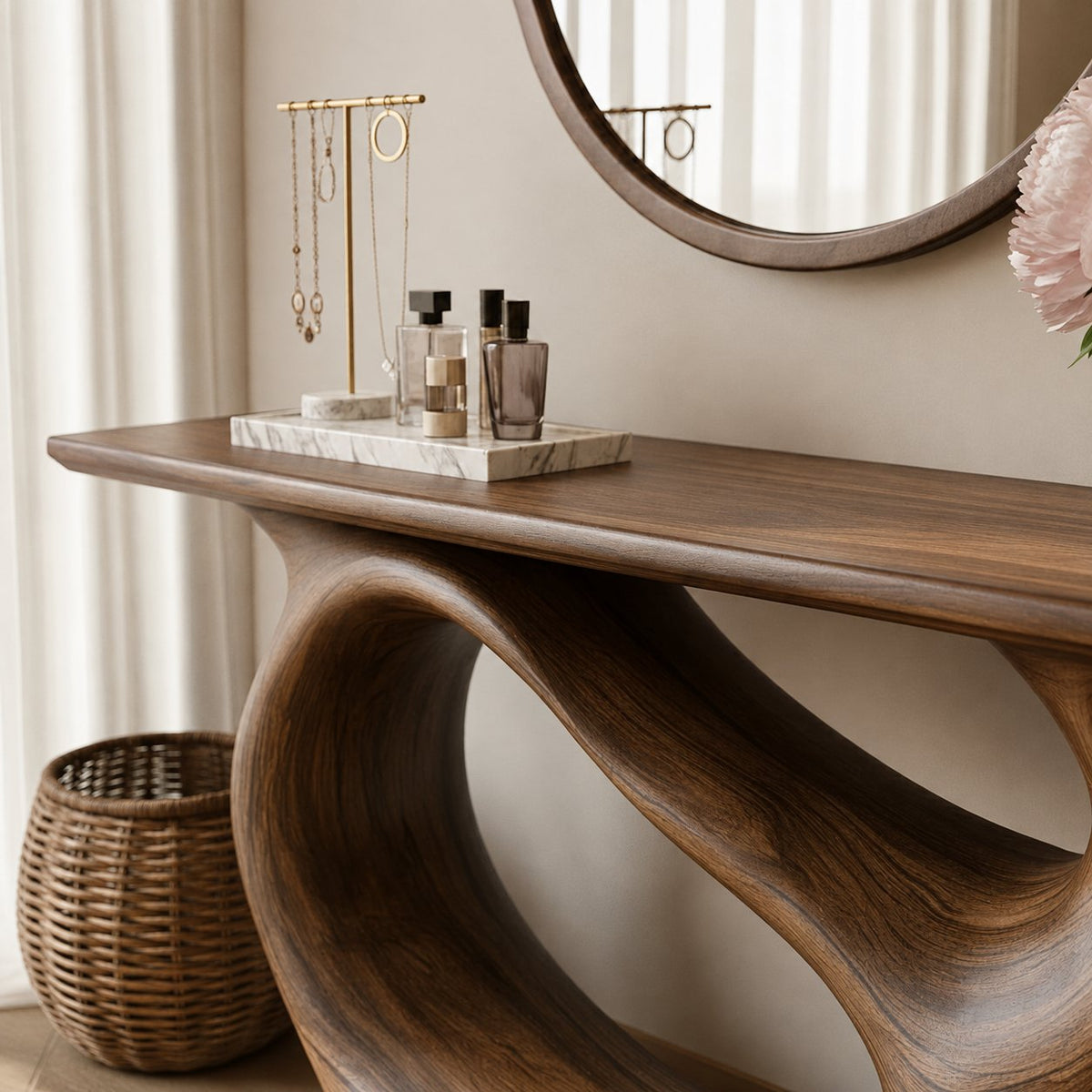 Solid Wood Sculptural Console Table with Curved Open Base for Entryway