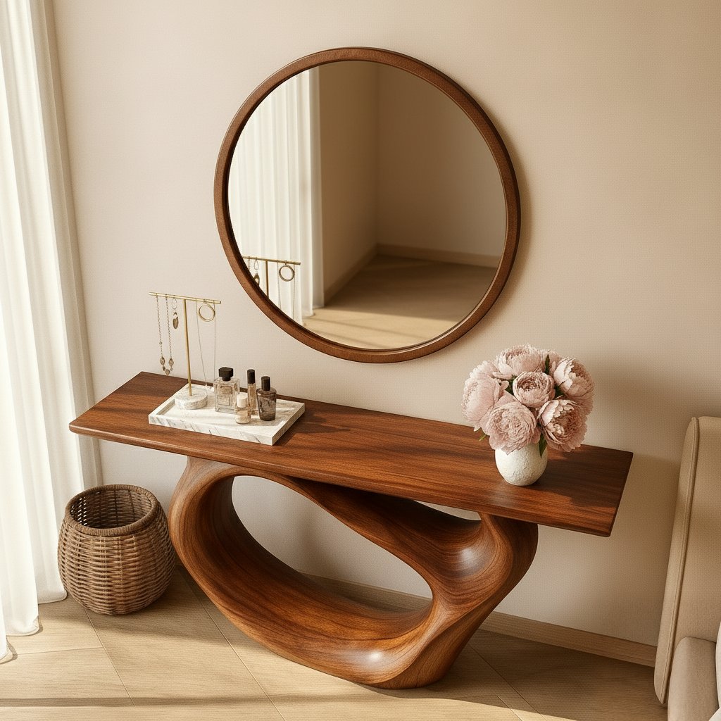 Solid Wood Sculptural Console Table with Curved Open Base for Entryway