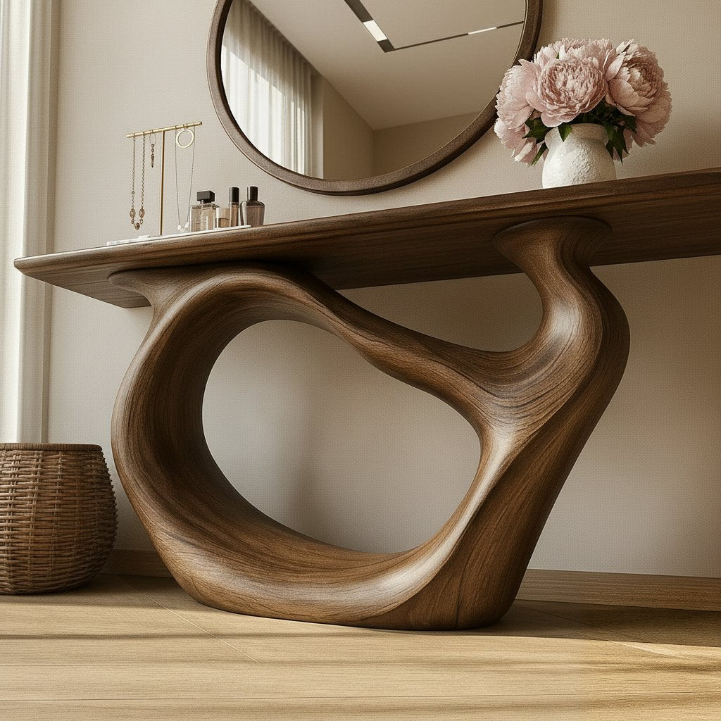 Solid Wood Sculptural Console Table with Curved Open Base for Entryway