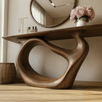 Solid Wood Sculptural Console Table with Curved Open Base for Entryway