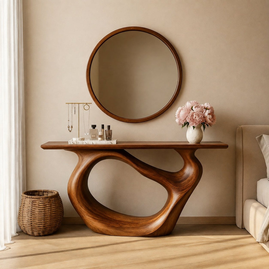 Solid Wood Sculptural Console Table with Curved Open Base for Entryway