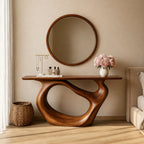 Solid Wood Sculptural Console Table with Curved Open Base for Entryway