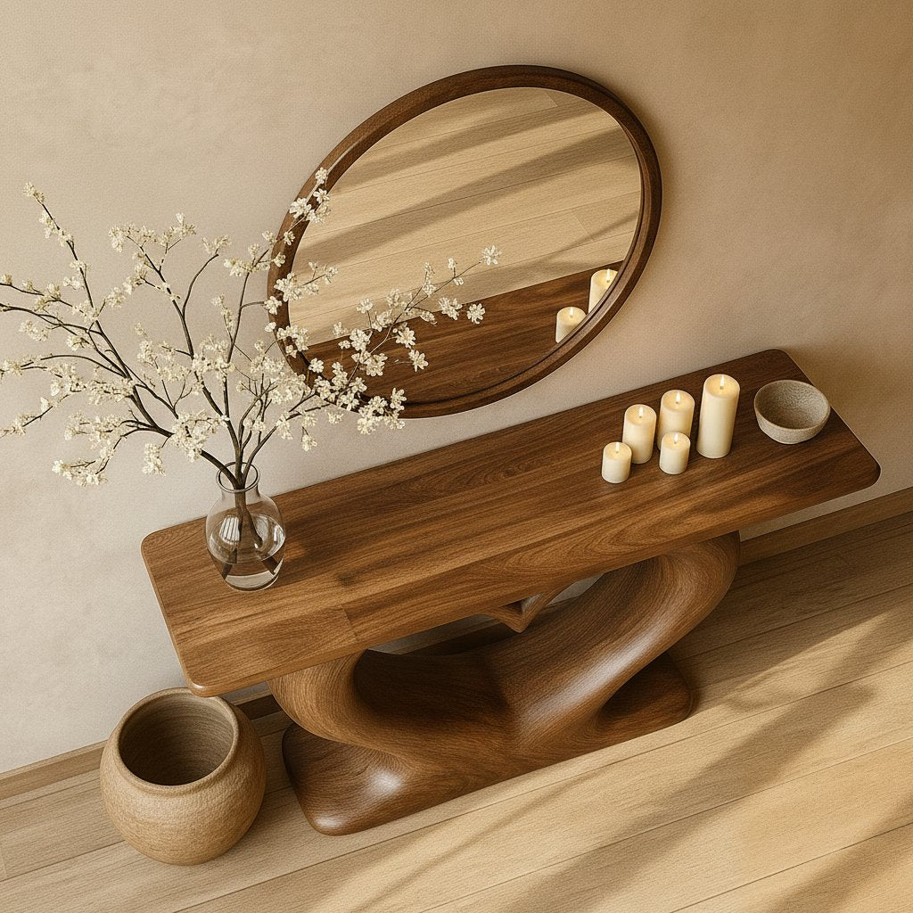 Solid Wood Sculptural Wall Console Table with Curved Cantilever for Entryway