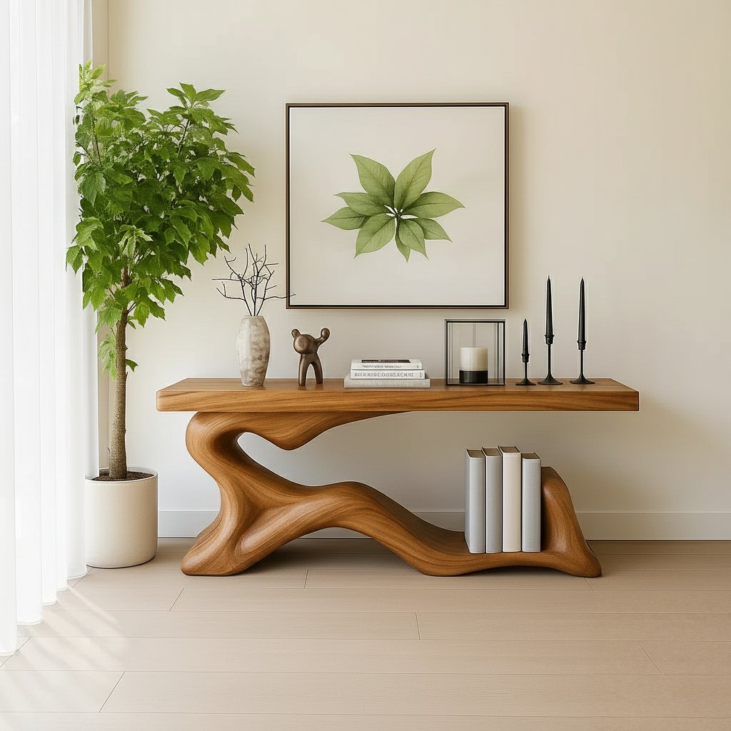 Solid Wood Live-Edge Sculptural Console Table with Flowing Base for Living Room