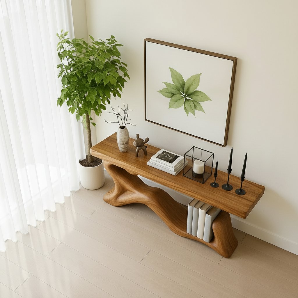 Solid Wood Live-Edge Sculptural Console Table with Flowing Base for Living Room
