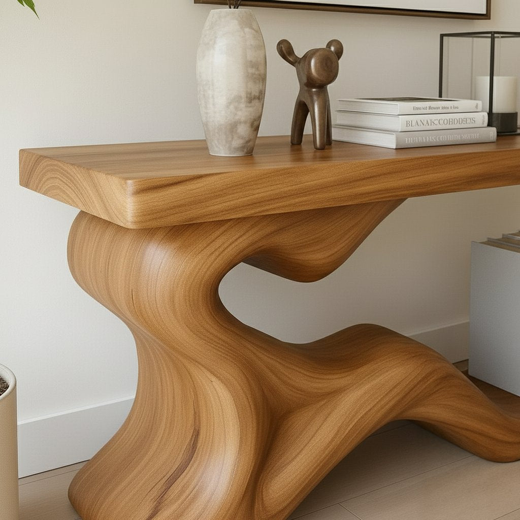 Solid Wood Live-Edge Sculptural Console Table with Flowing Base for Living Room