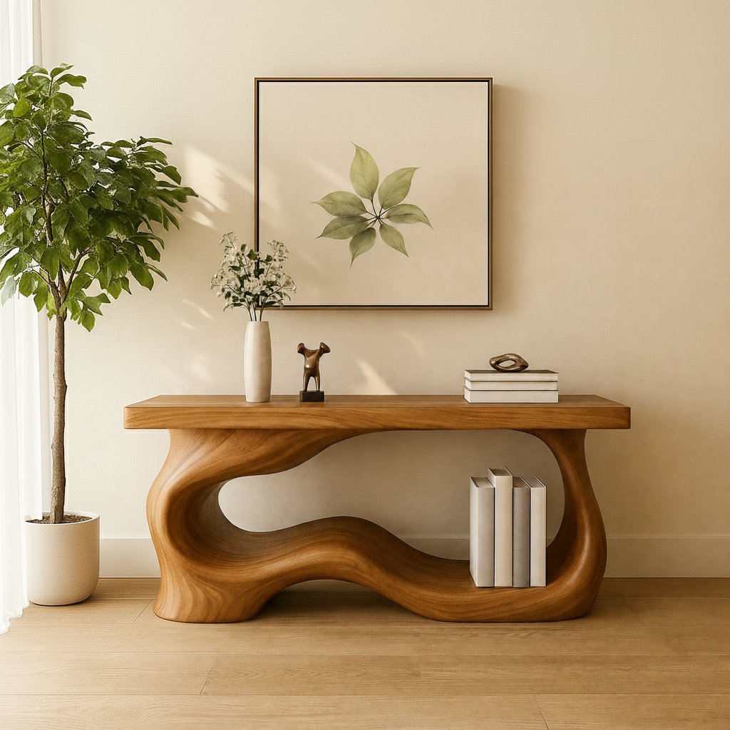 Solid Wood Sculptural Console Table with Organic Loop Base for Living Room