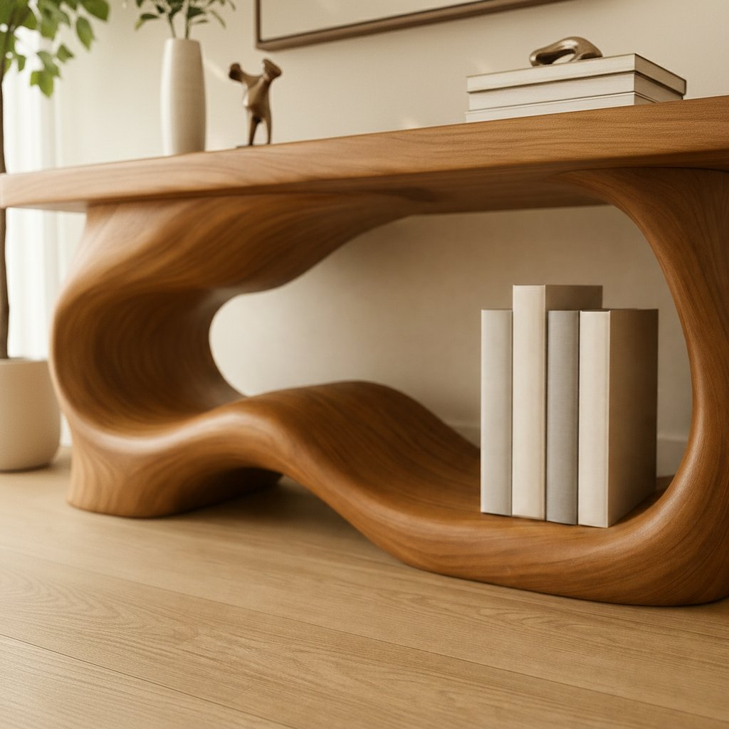 Solid Wood Sculptural Console Table with Organic Loop Base for Living Room