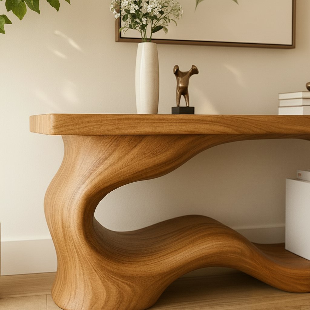 Solid Wood Sculptural Console Table with Organic Loop Base for Living Room