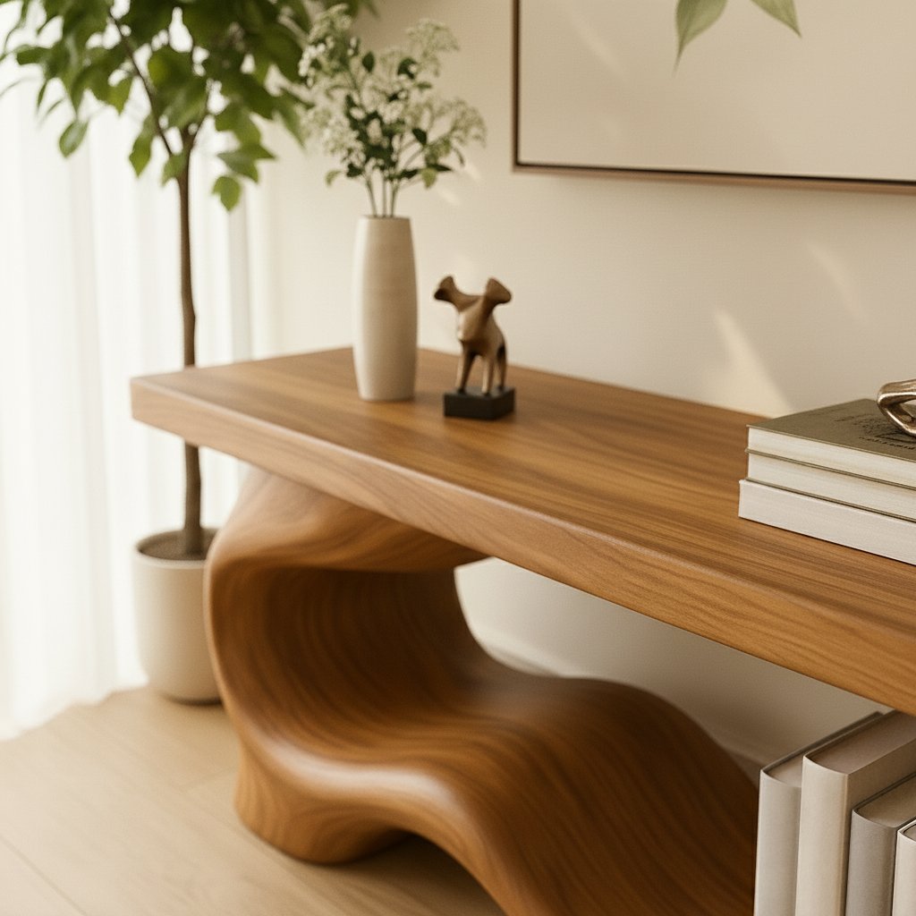 Solid Wood Sculptural Console Table with Organic Loop Base for Living Room