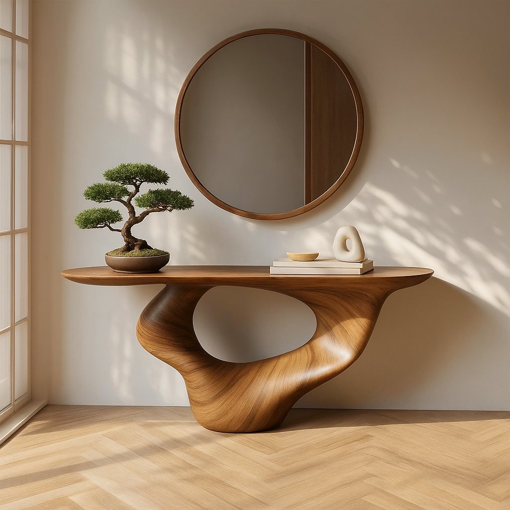 Solid Wood Sculptural Console Table with Flowing Pedestal Base for Entryway