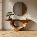 Solid Wood Sculptural Console Table with Flowing Pedestal Base for Entryway