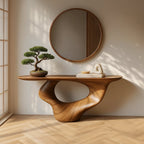 Solid Wood Sculptural Console Table with Flowing Pedestal Base for Entryway