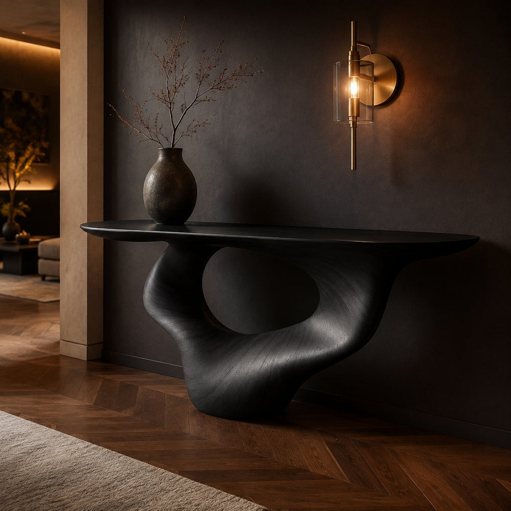 Solid Wood Sculptural Console Table with Flowing Pedestal Base for Entryway