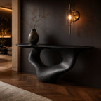 Solid Wood Sculptural Console Table with Flowing Pedestal Base for Entryway