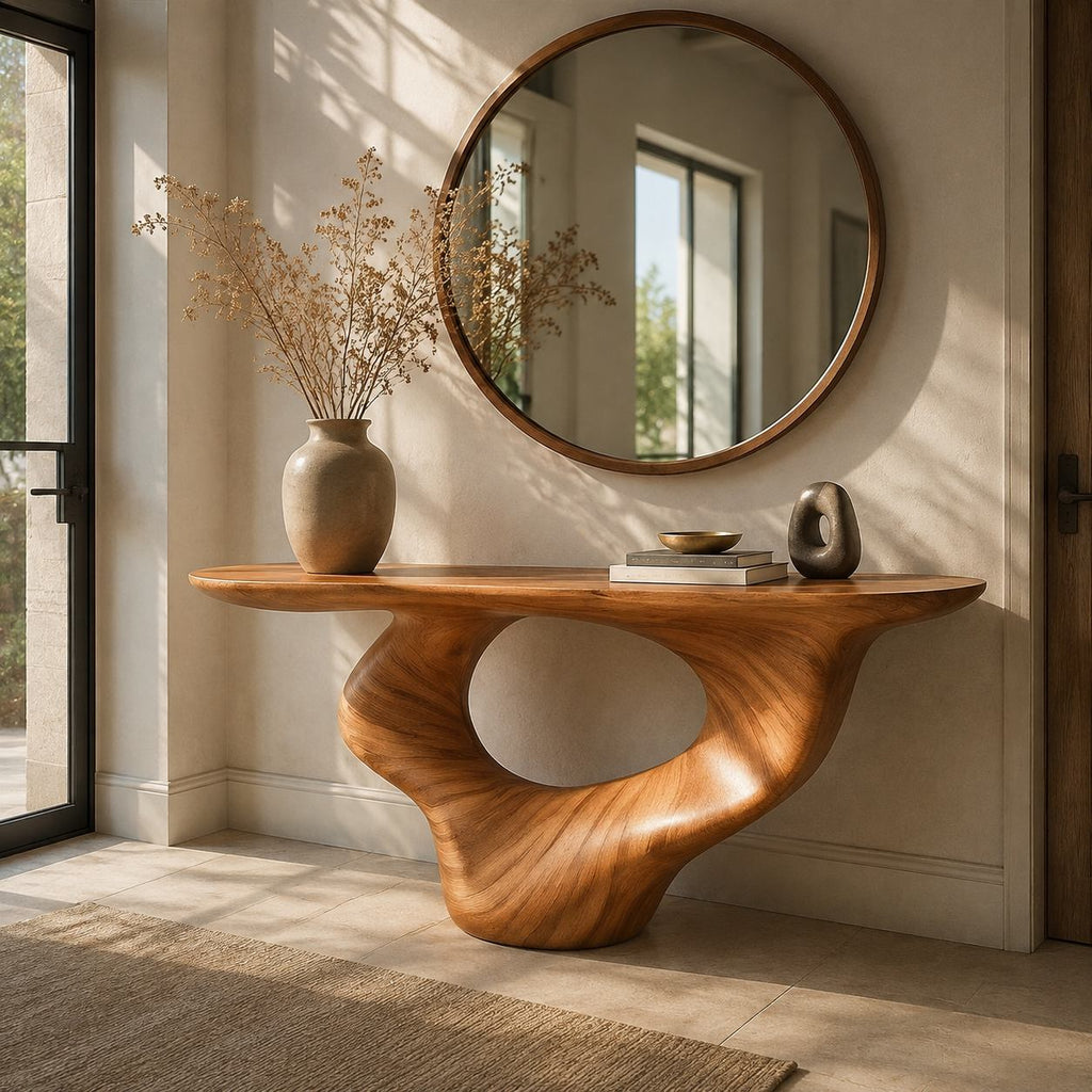 Solid Wood Sculptural Console Table with Flowing Pedestal Base for Entryway